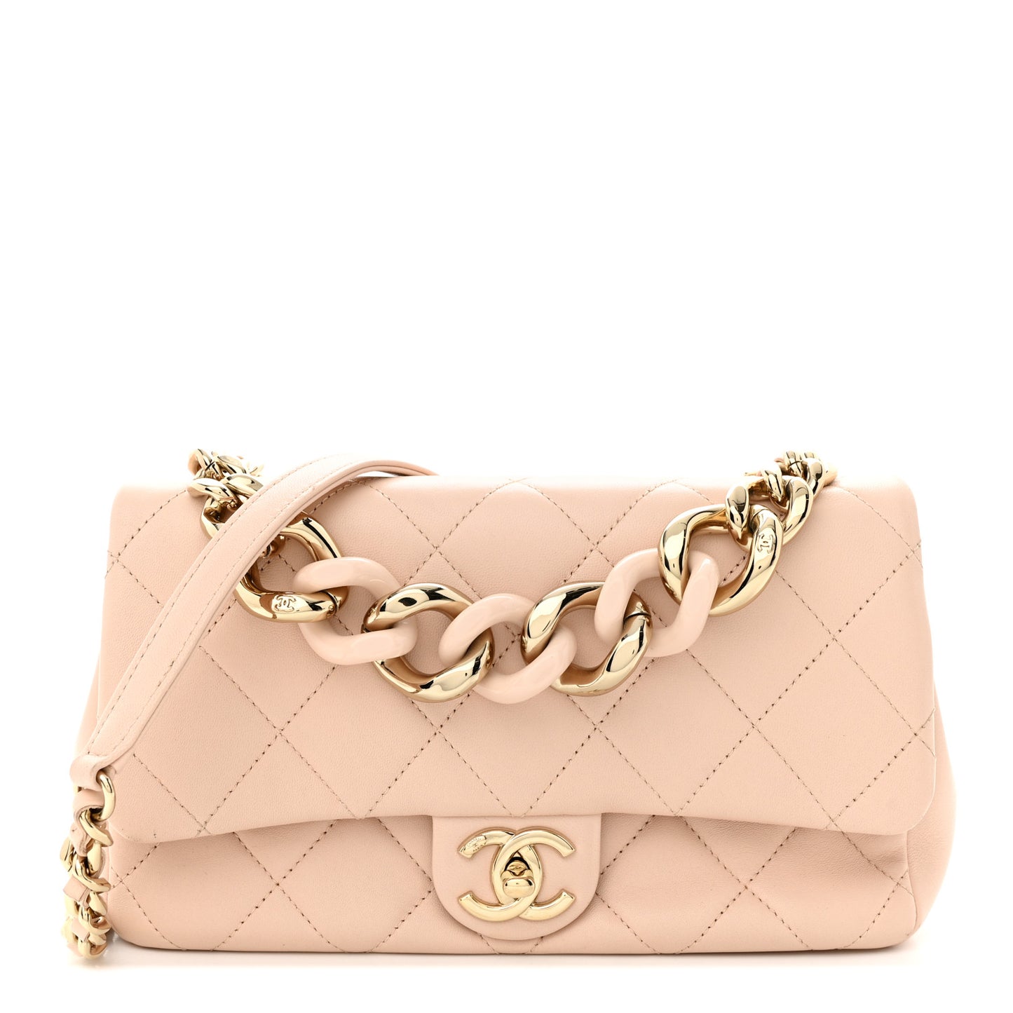 Lambskin Quilted Resin Bi-Color Chain Flap Bag Light Beige