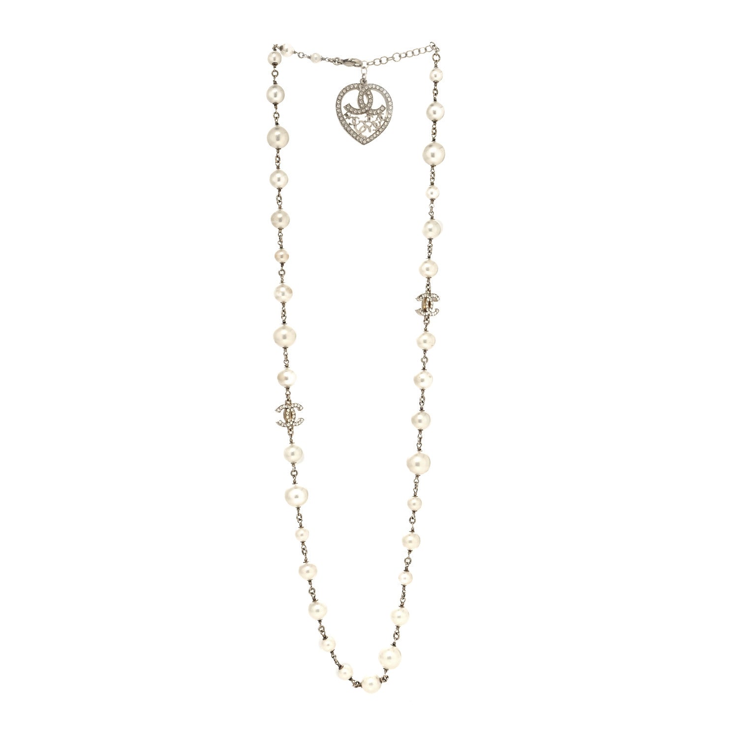 Chanel Swarovski Crystal Pearl CC Heart Necklace Gold 4 of 10