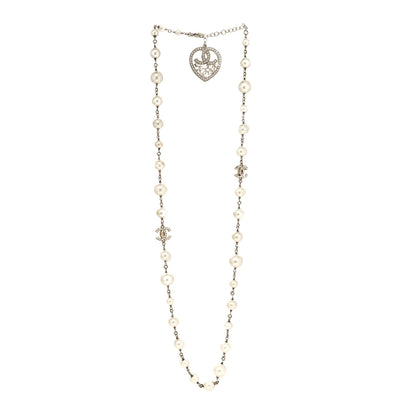 Chanel Swarovski Crystal Pearl CC Heart Necklace Gold 4 of 10