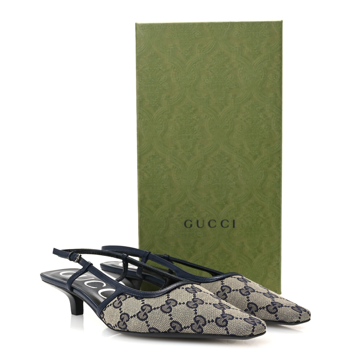 GG Monogram Malaga Kid Square G 35mm Slingback Pumps 37 Beige Blue