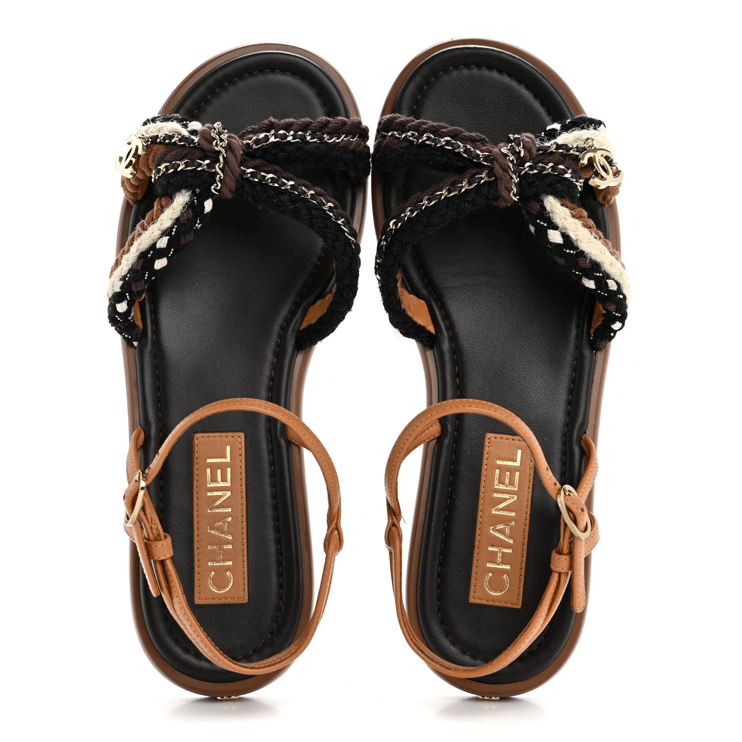 Chanel Lambskin Cord Chain CC Sandals 38.5 Brown Black Ivory 2 of 14