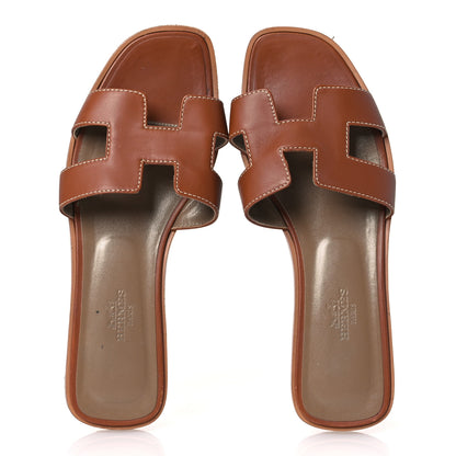 Hermes Box Calfskin Oran Sandals 37 Gold 2 of 14