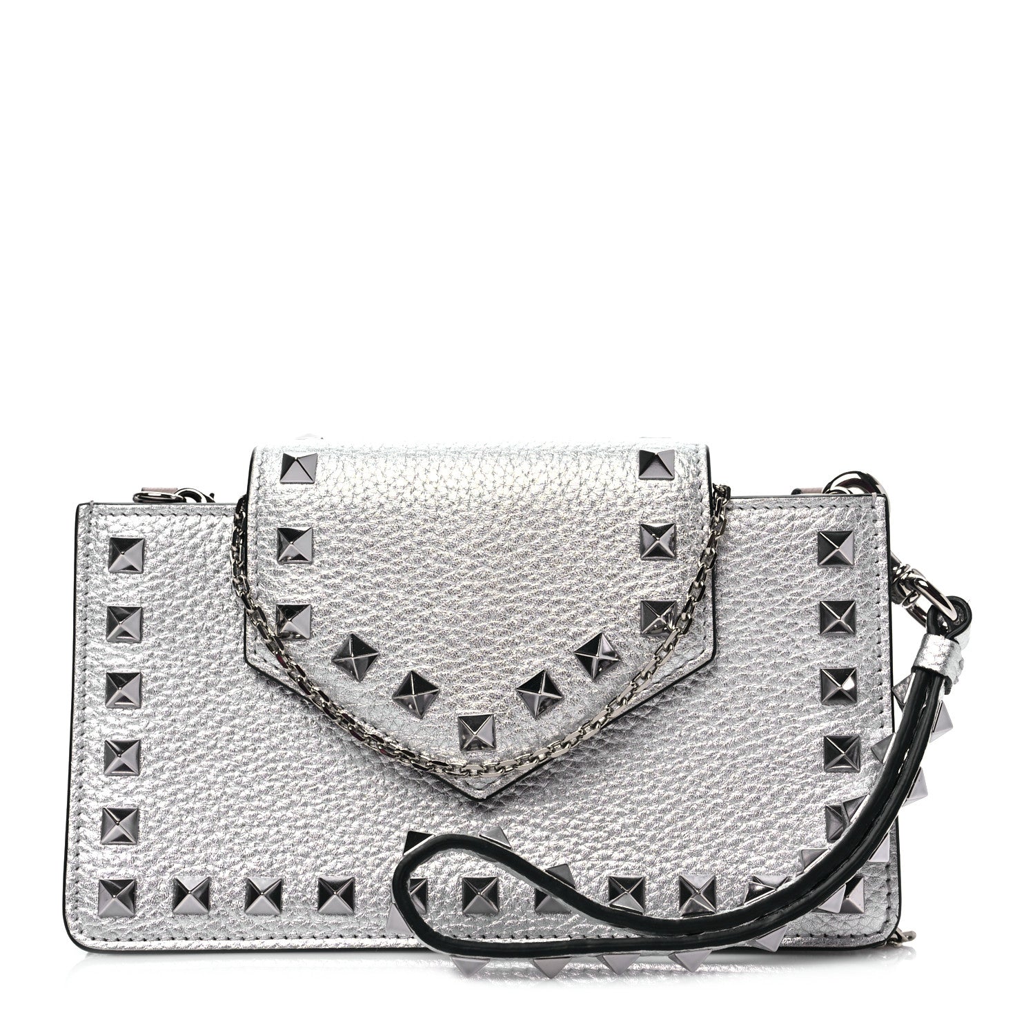 Valentino Garavani Metallic Pebbled Calfskin Rockstud Phone Case With Chain Silver 1 of 8