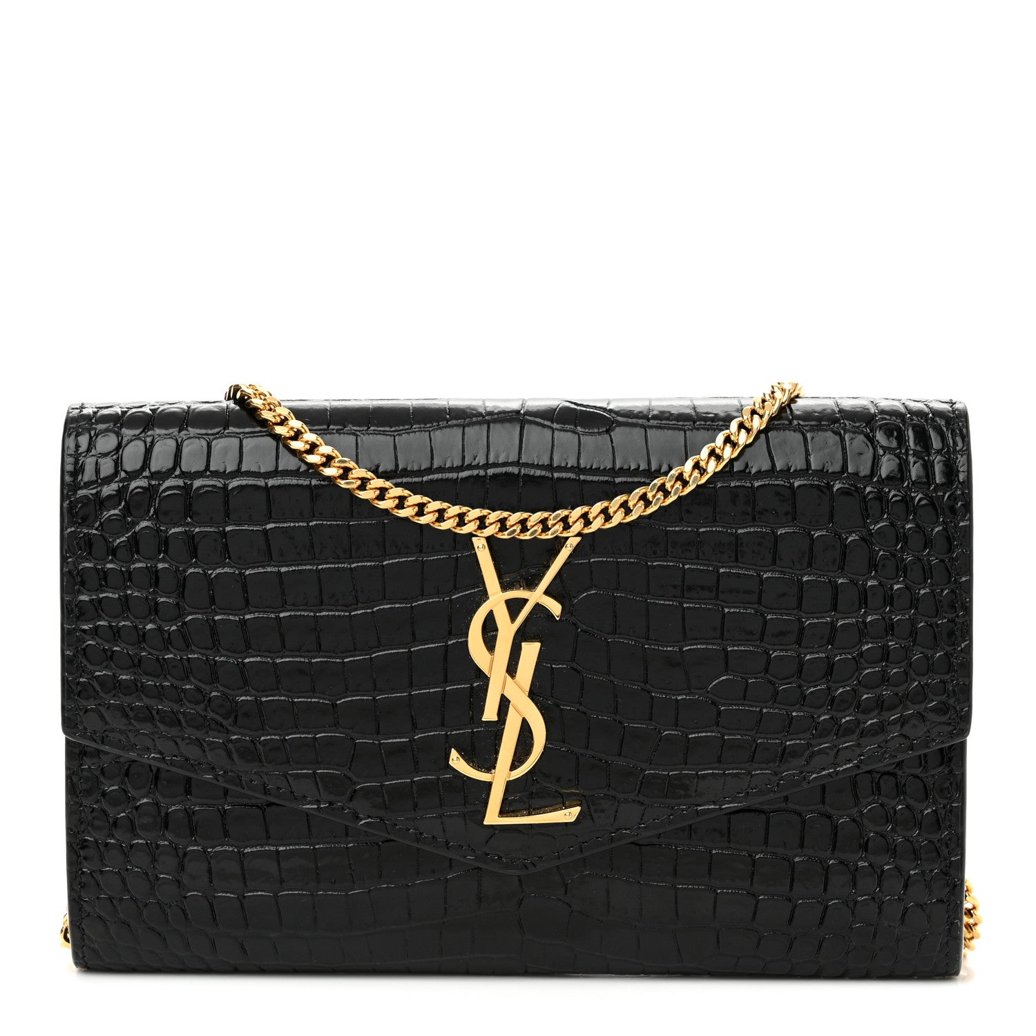 Saint Laurent Calfskin Crocodile Embossed Monogram Uptown Chain Wallet Black 1 of 10