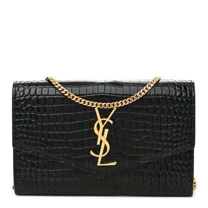 Saint Laurent Calfskin Crocodile Embossed Monogram Uptown Chain Wallet Black 1 of 10