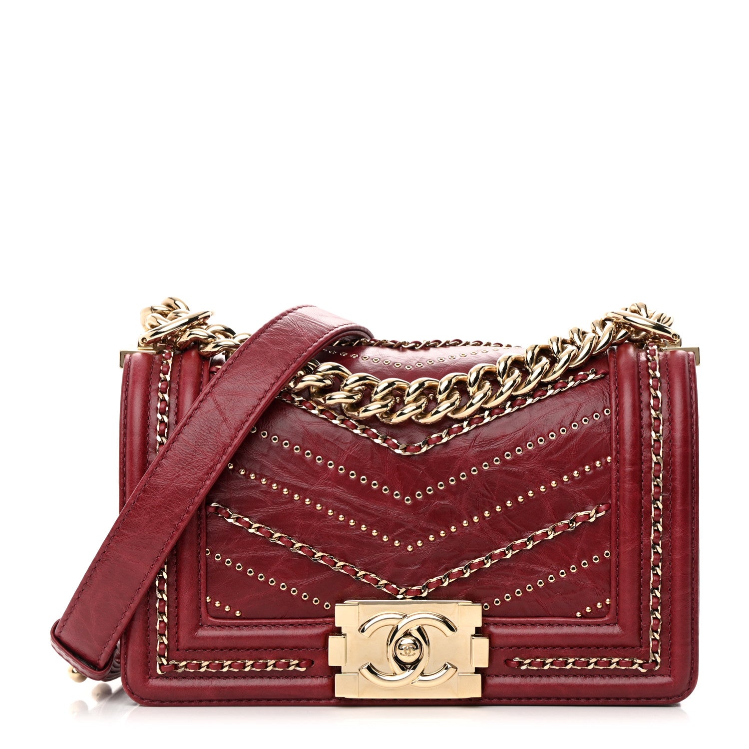 Chanel Crumpled Calfskin Chevron Small Chain Boy Flap Burgundy 1 of 13