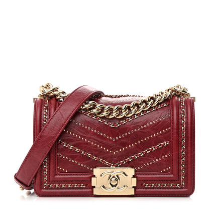 Chanel Crumpled Calfskin Chevron Small Chain Boy Flap Burgundy 1 of 13