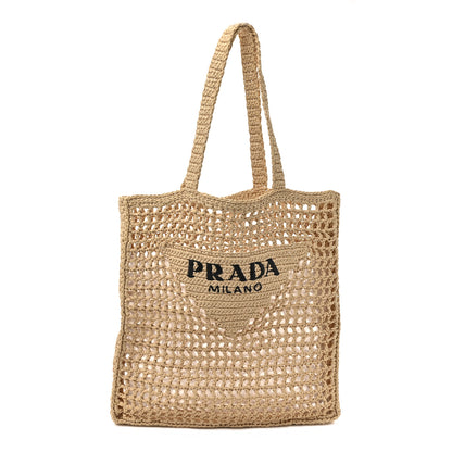Prada Yarn Raffia Effect Crochet Logo Embroidered Tote Bag Naturale 1 of 8