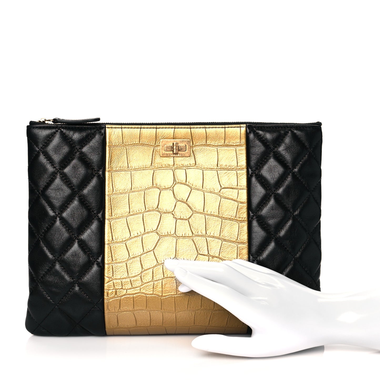 Lambskin Metallic Calfskin Quilted Crocodile Embossed Clutch 2.55 Reissue Cosmetic Case Gold