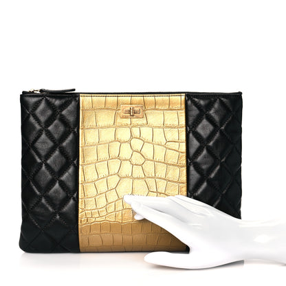 Chanel Lambskin Metallic Calfskin Quilted Crocodile Embossed Clutch 2.55 Reissue Cosmetic Case Gold 2 of 10