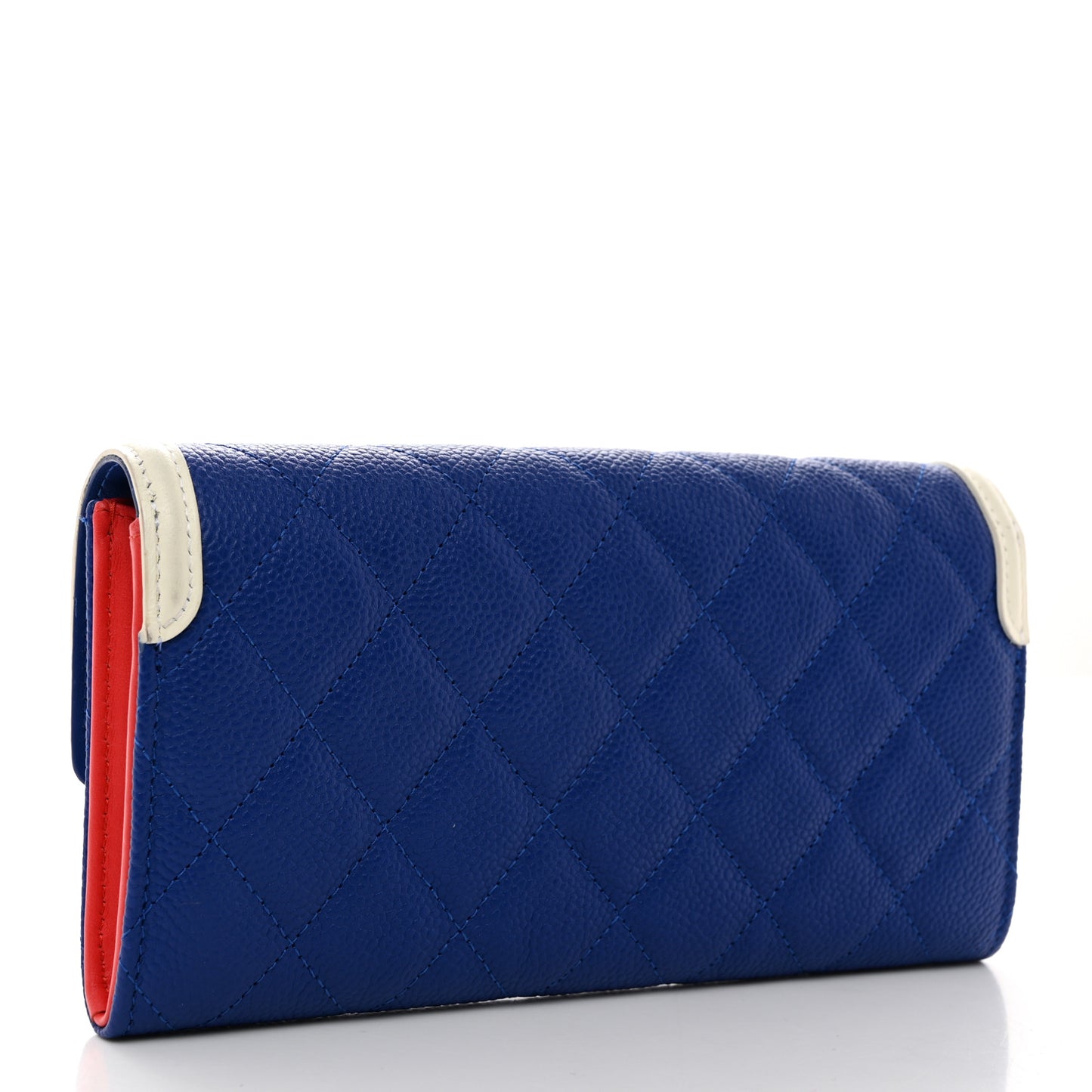 Caviar Quilted Filigree Large Gusset Flap Wallet Blue White Red