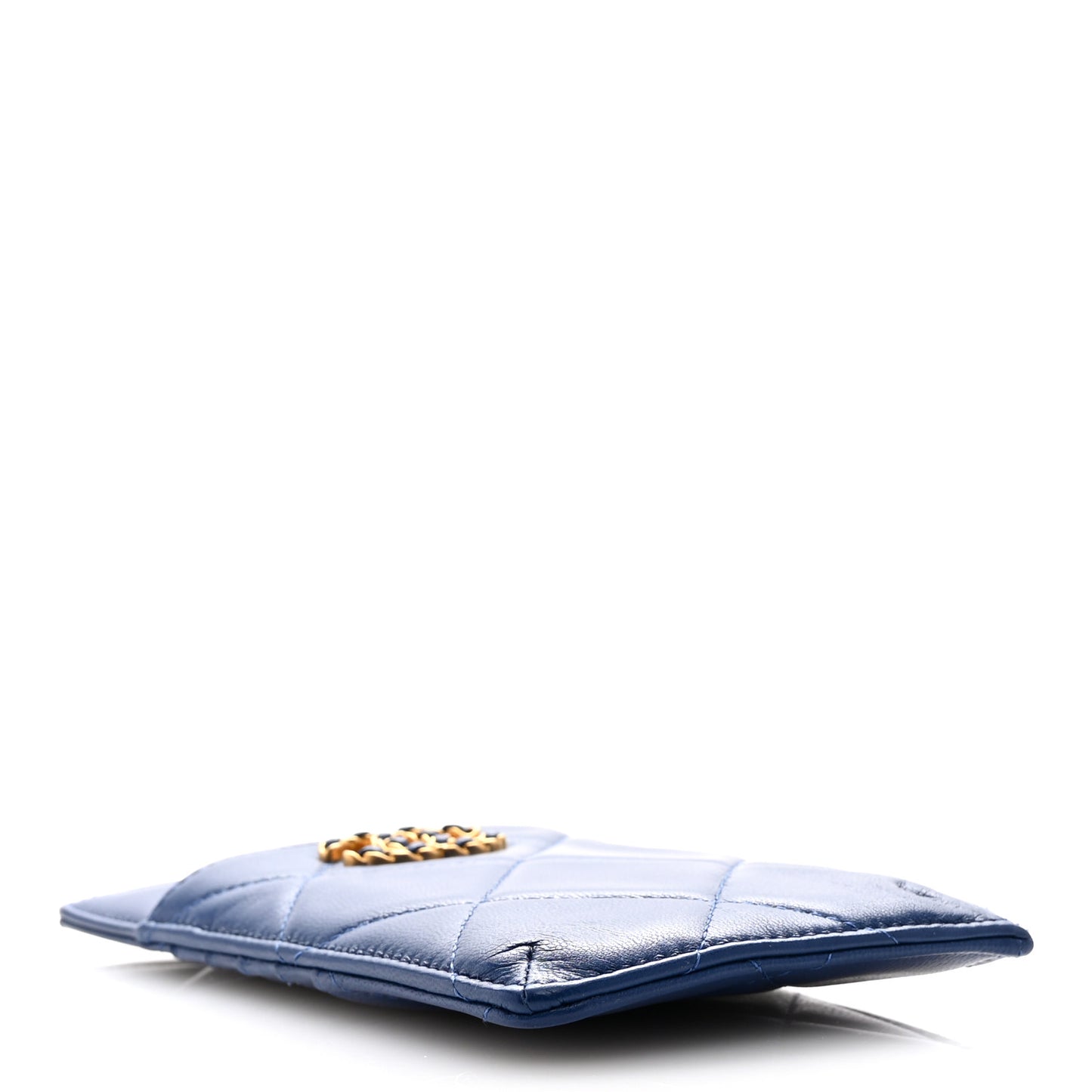 Shiny Goatskin Quilted Chanel 19 Flat Wallet Pouch Blue