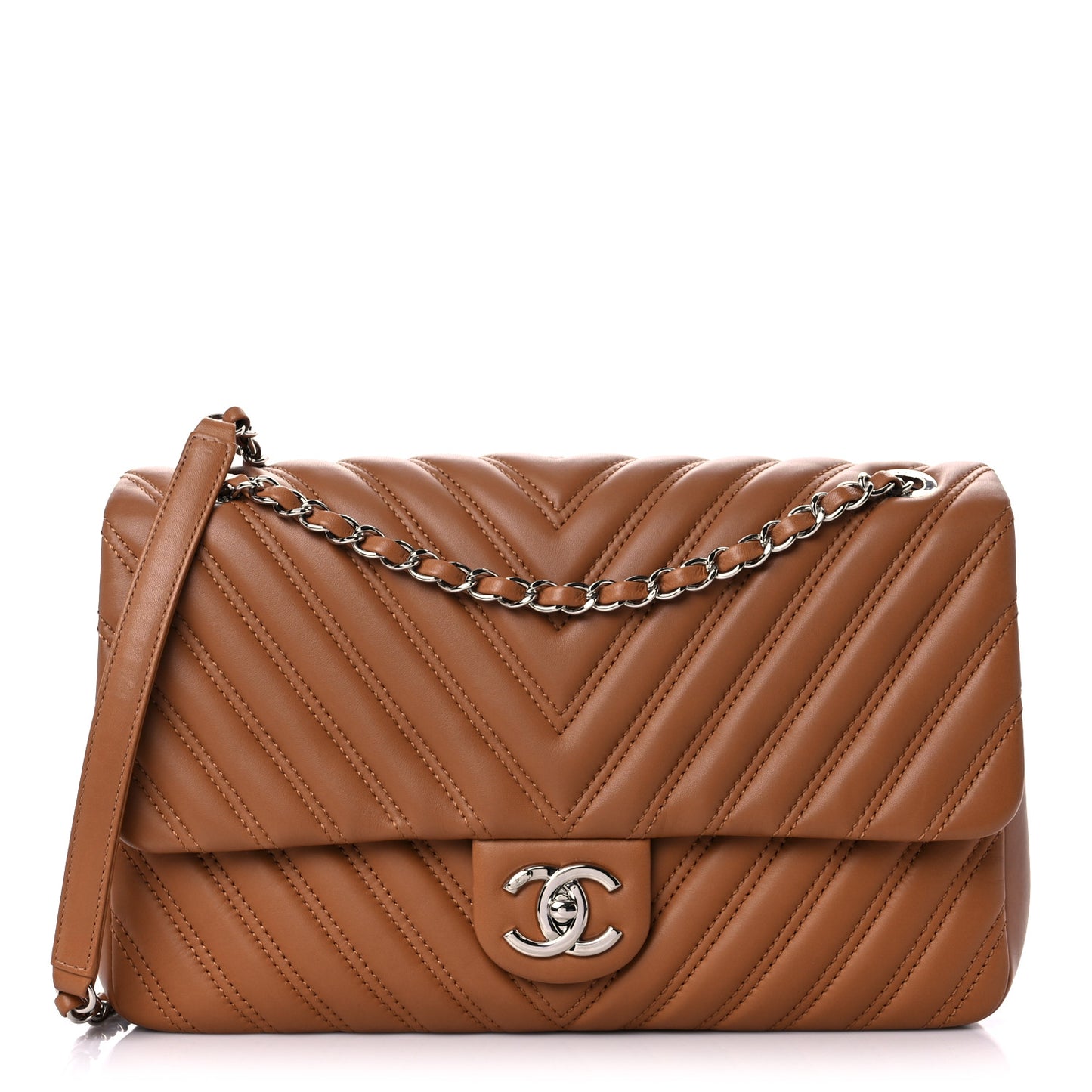 Lambskin Chevron Double Stitch Jumbo Single Flap Camel