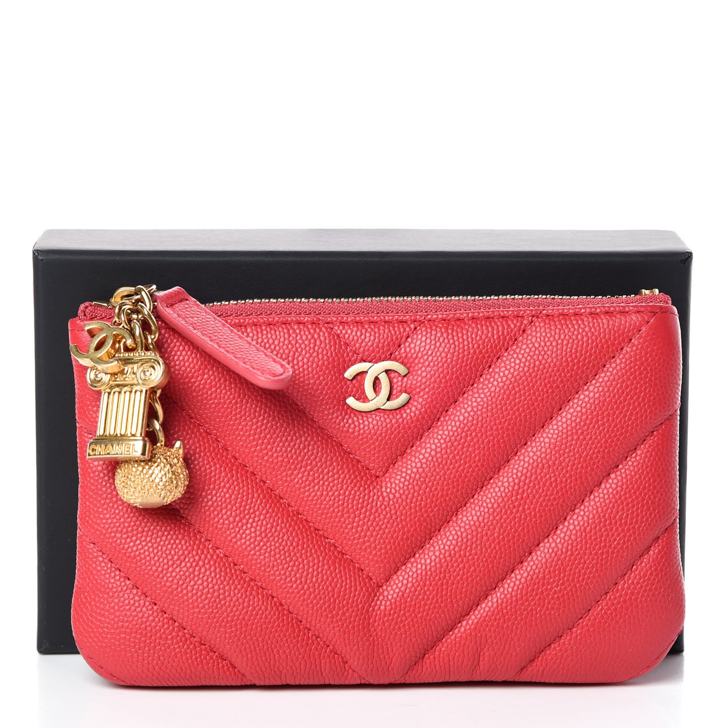 Caviar Chevron Quilted Small Ancient Greek Charms Cosmetic Case Dark Pink