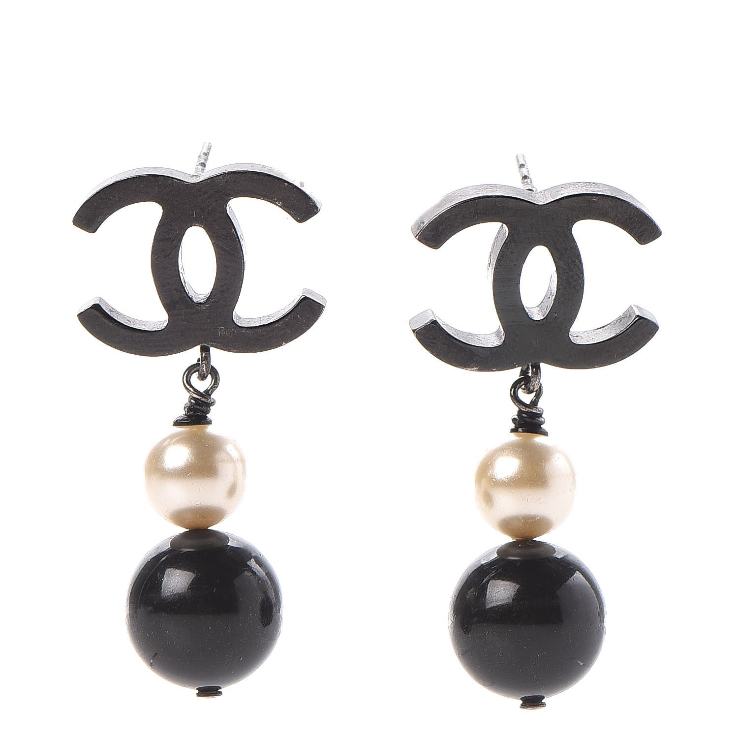 Chanel Ruthenium Pearl Bead CC Drop Earrings Black 1 of 6