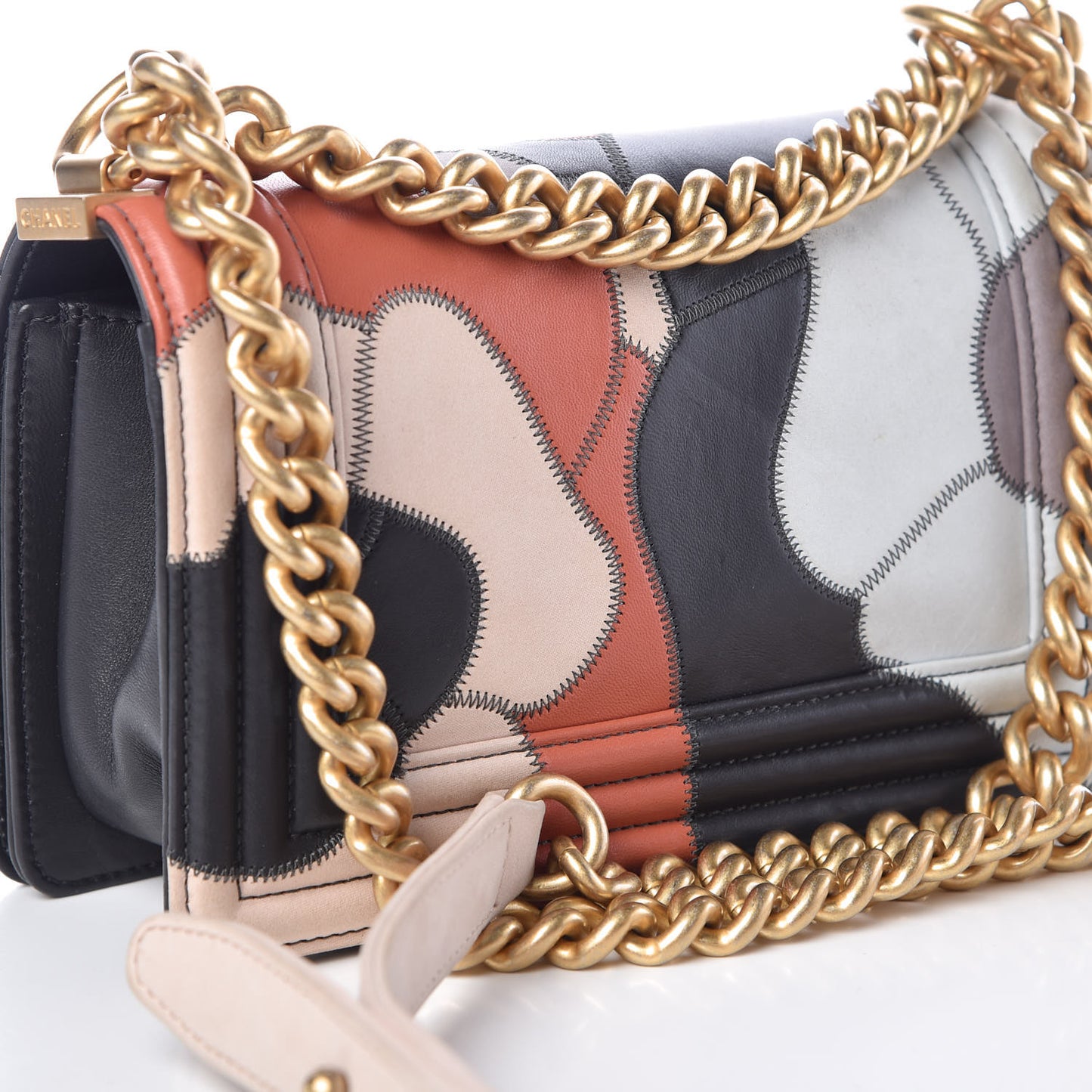 Lambskin Suede Patchwork Small Act I Camellia Boy Flap Charcoal Brown Pink