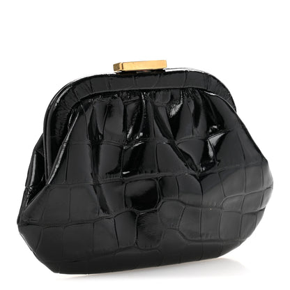 Balenciaga Shiny Supple Calfskin Logo Crocodile Embossed Cloud Coin Purse Black White 3 of 11