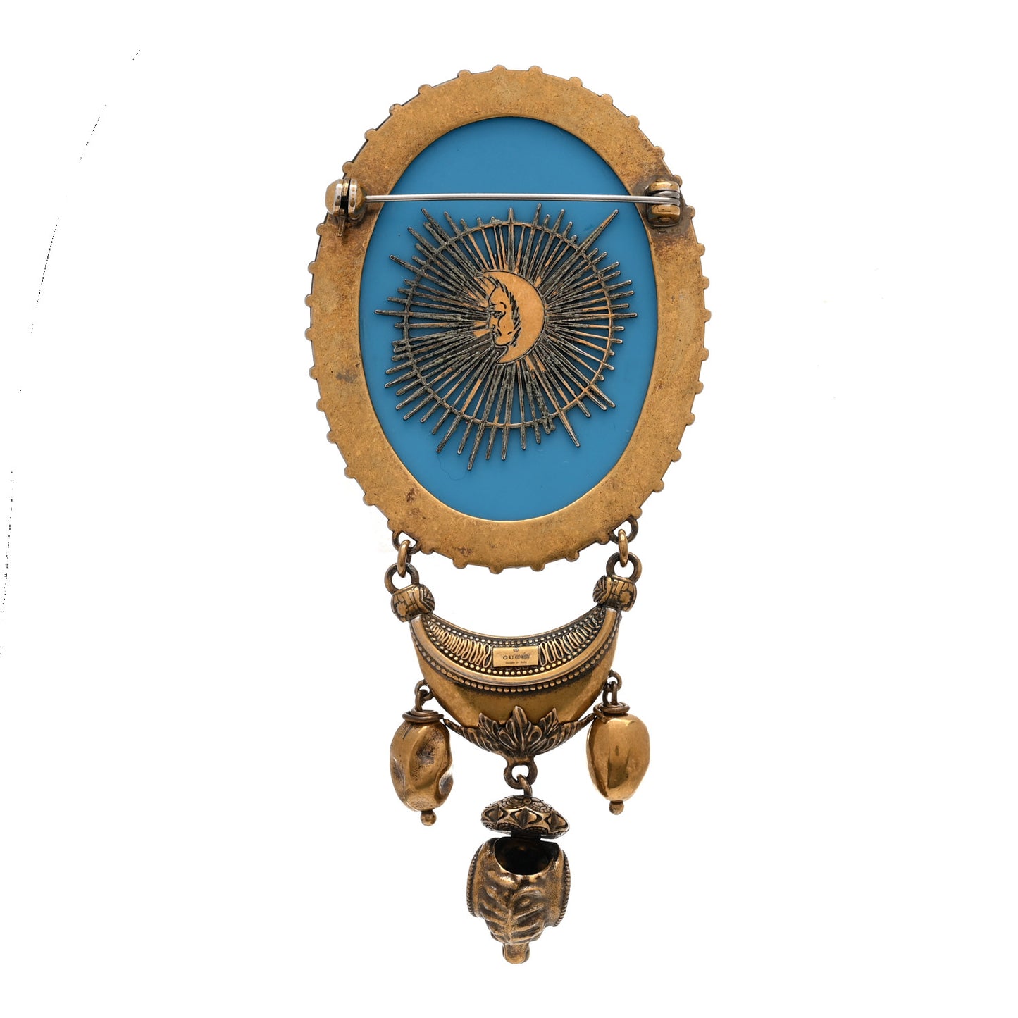 Metal Scarab Cameo Brooch Aged Gold Blue