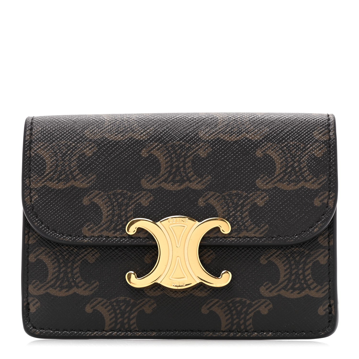 Celine Triomphe Canvas Calfskin Flap Card Holder Tan 1 of 10