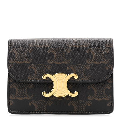 Celine Triomphe Canvas Calfskin Flap Card Holder Tan 1 of 10