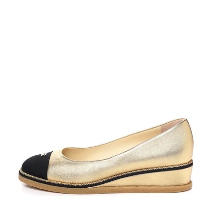Chanel Lambskin Grosgrain Cap Toe CC Wedge Pumps 39.5 Gold 1 of 10