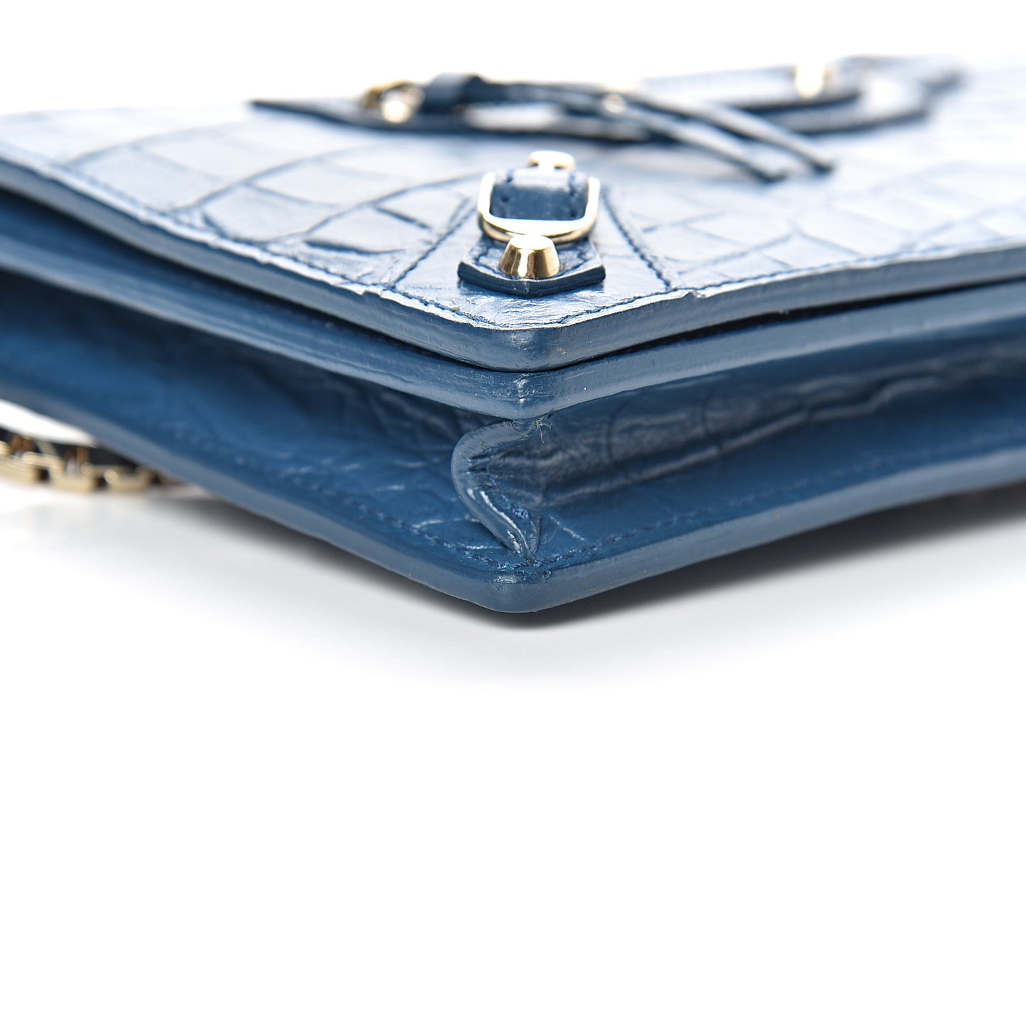 Calfskin Crocodile Embossed Classic Gold Hardware Wallet on Chain Bleu Marine