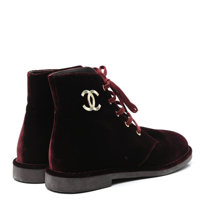 Chanel Velvet CC Lace Up Boots 39 Burgundy 4 of 8