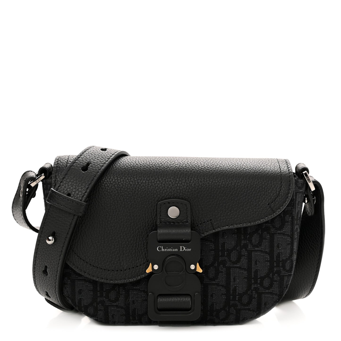 Grained Calfskin Oblique Saddle Pouch Black