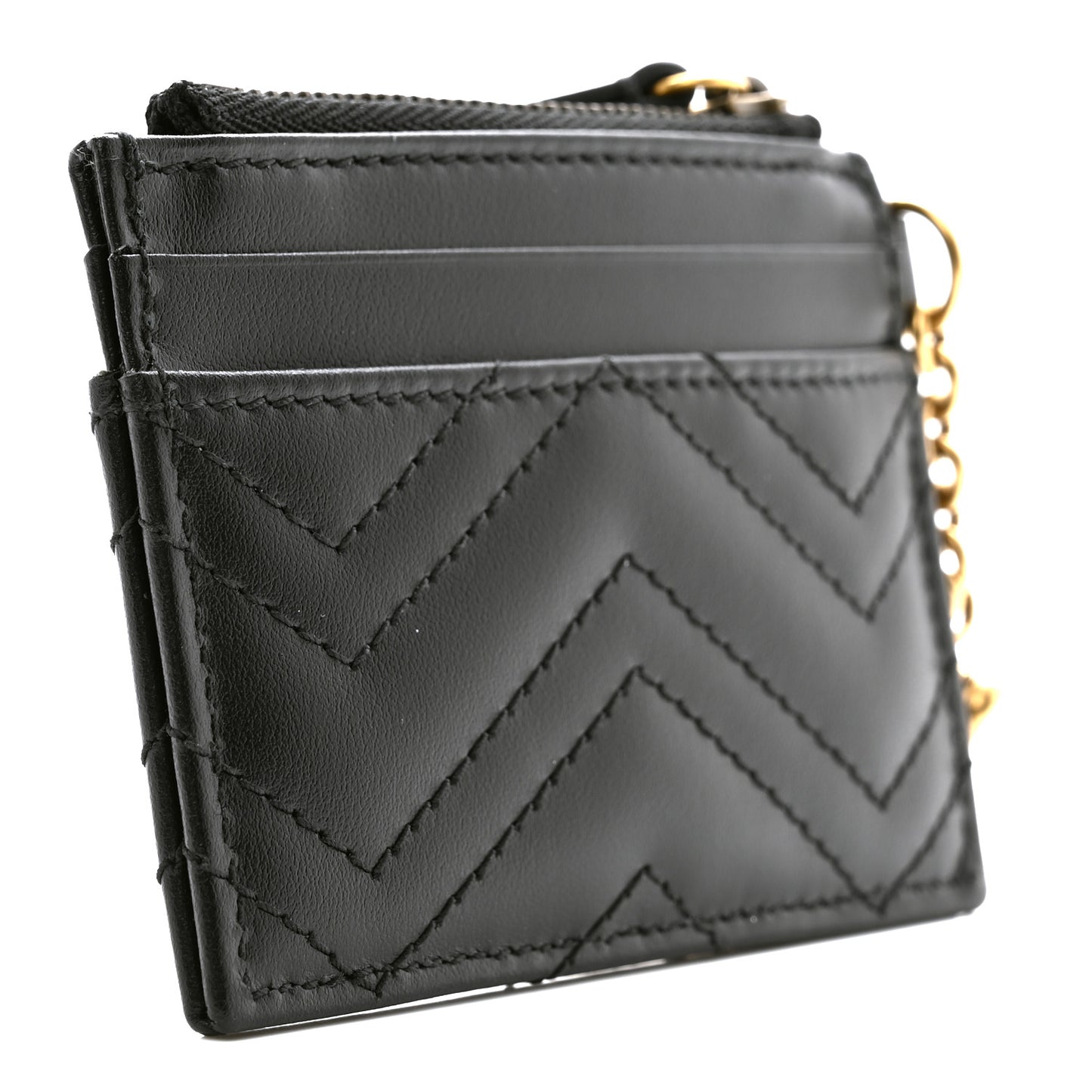 Calfskin Matelasse Chevron GG Marmont Key Case Card Holder Black
