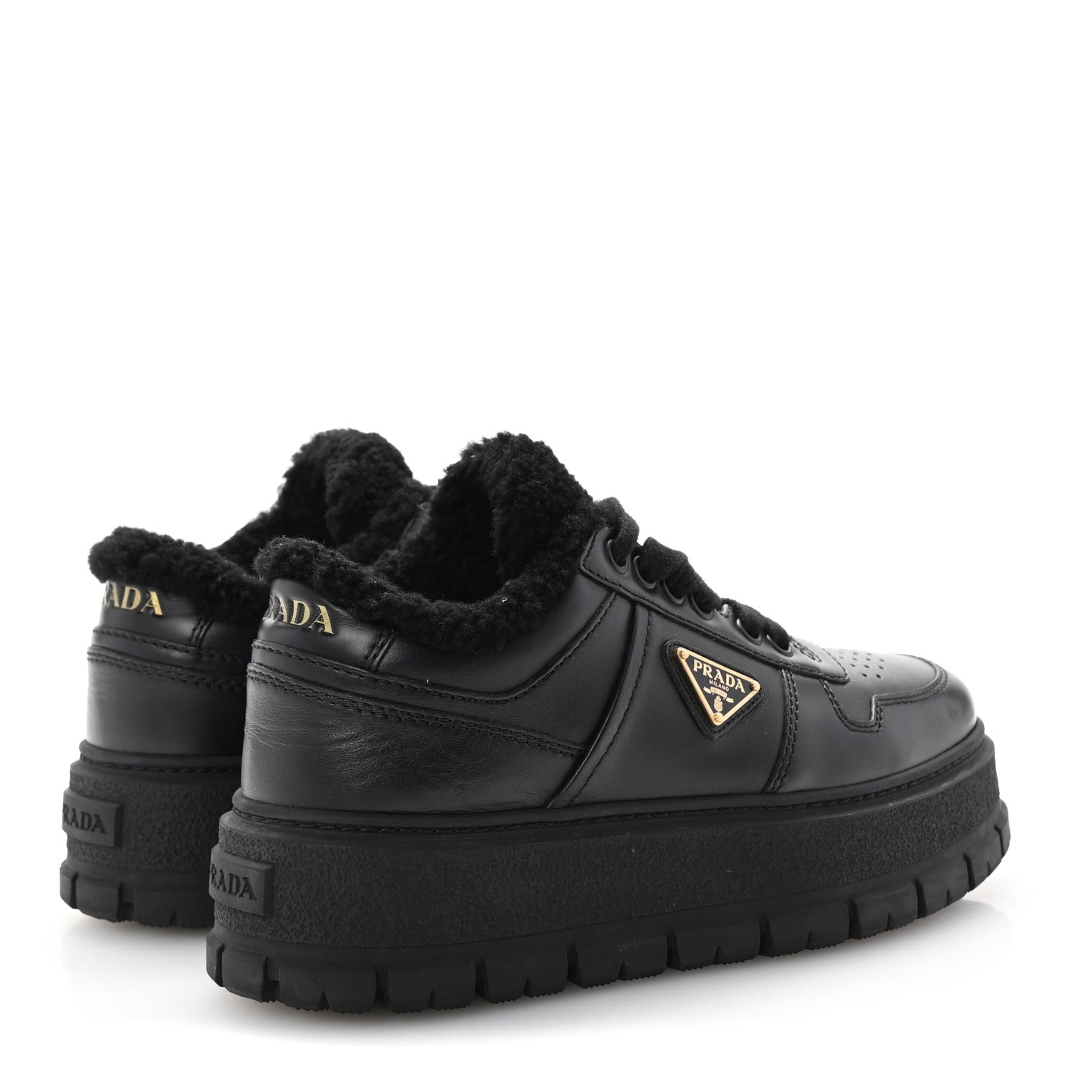 Prada Calfskin Shearling Metal Triangle Logo Sneakers 35.5 Black 5 of 10
