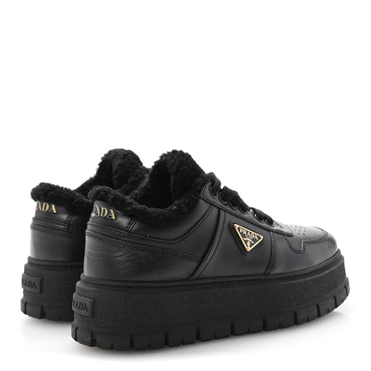 Prada Calfskin Shearling Metal Triangle Logo Sneakers 35.5 Black 5 of 10