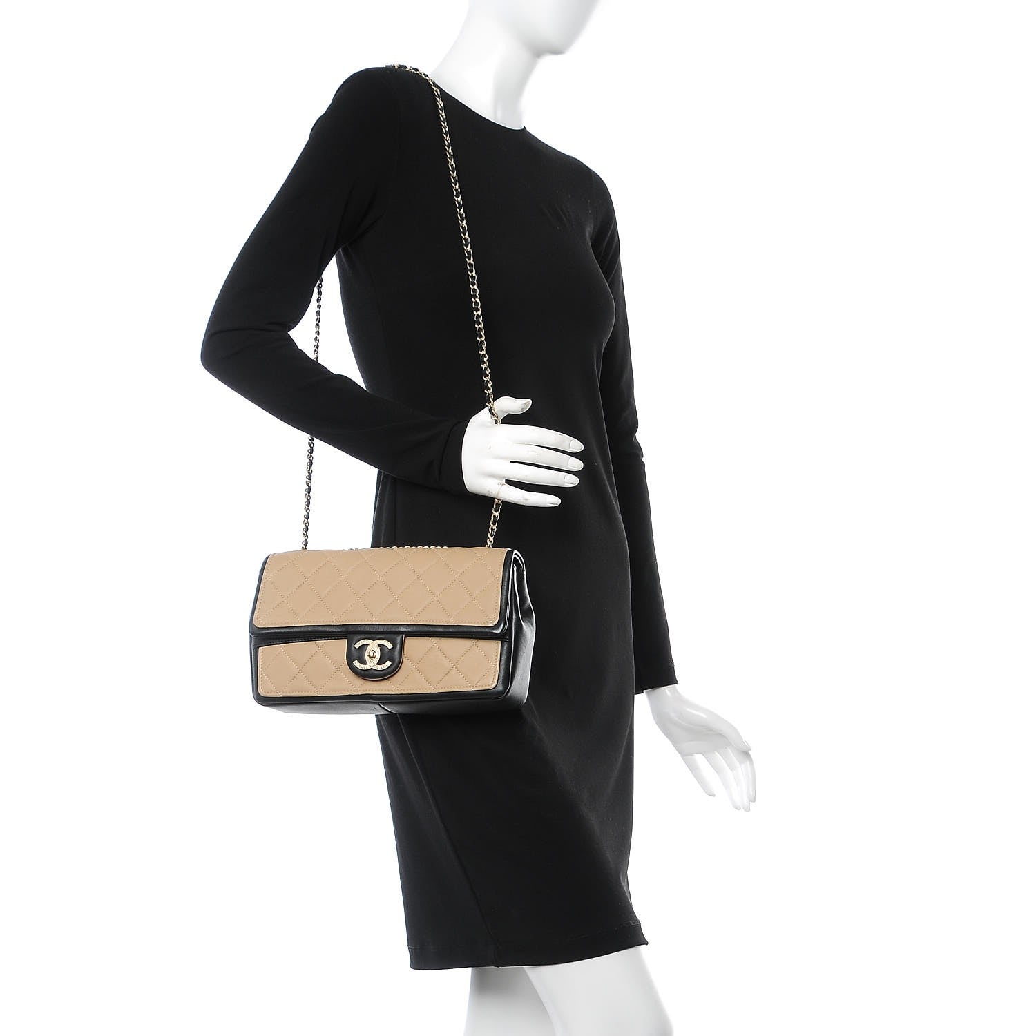 Chanel Calfskin Quilted Medium Graphic Flap Beige Black 2 of 8