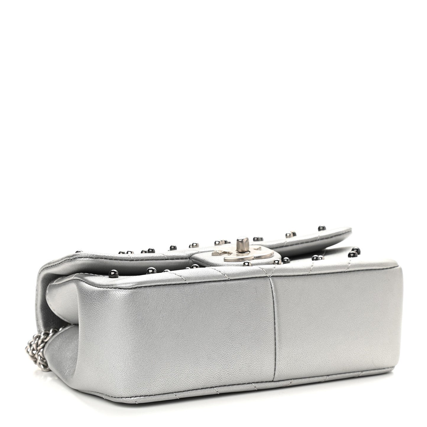 Metallic Lambskin Chevron Quilted Studded Mini Rectangular Flap Silver