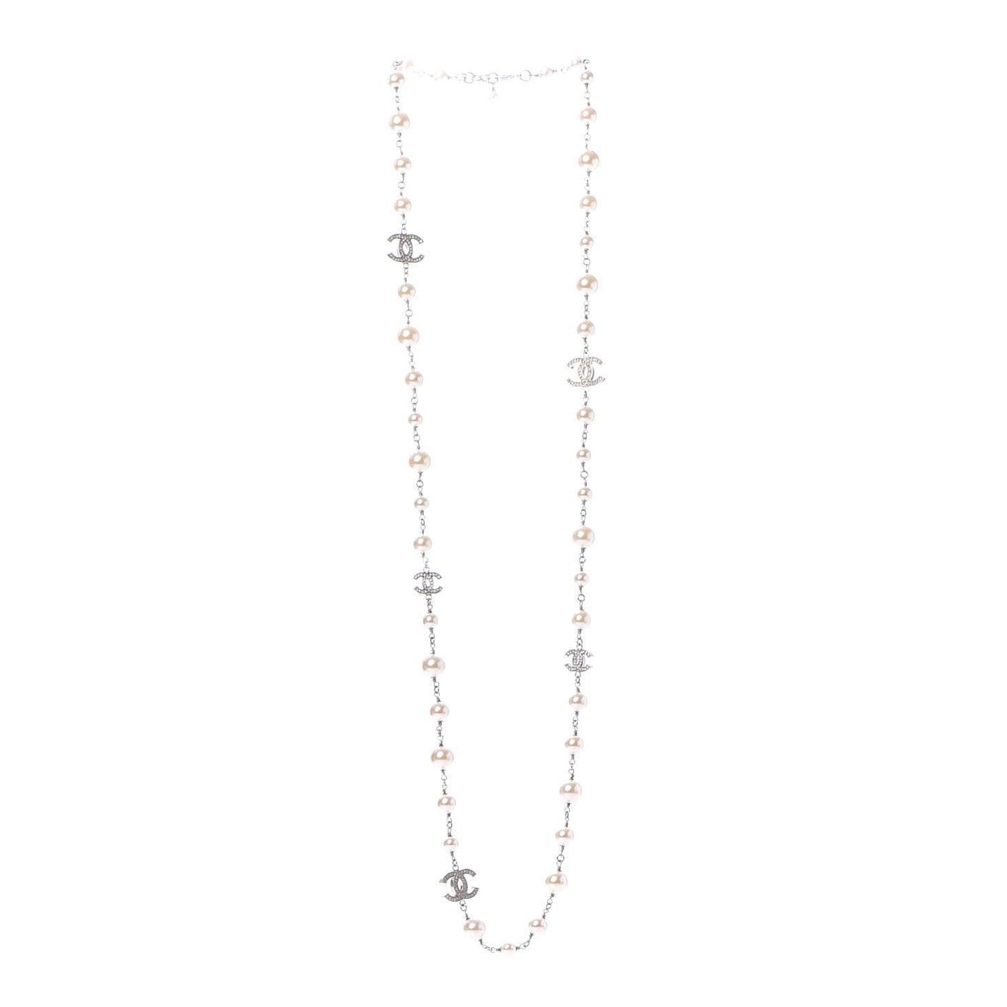 Crystal Pearl CC Long Necklace Silver