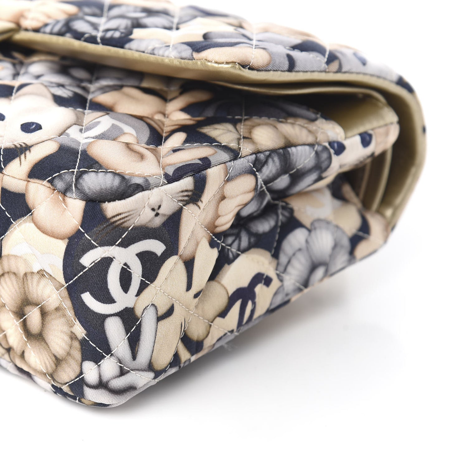 Nylon Quilted Medium Cat Emoticon Double Flap Navy Gold