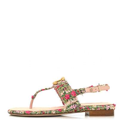 Chanel Tweed CC Logo Thong Sandals 37 Green Pink White 1 of 9