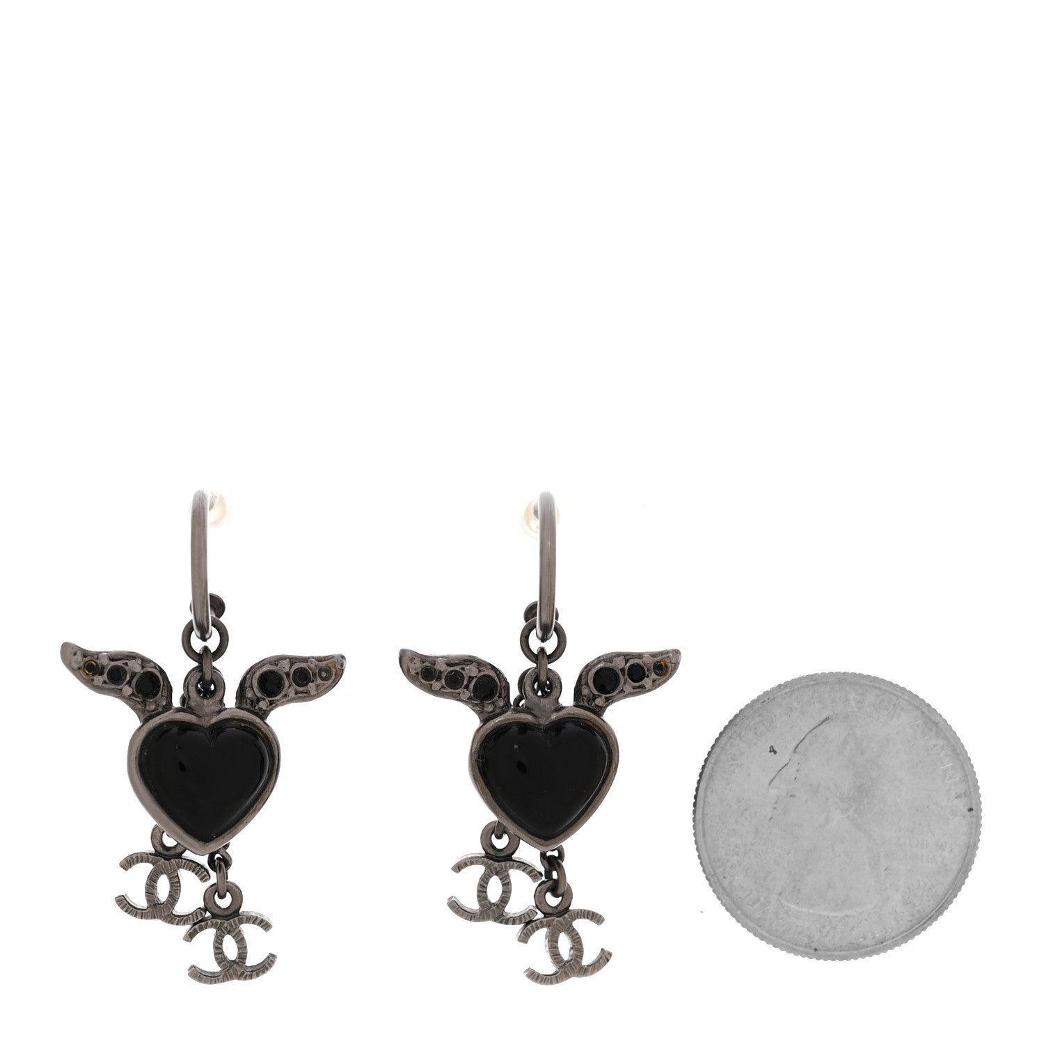 Chanel Enamel Crystal Heart Wing CC Drop Earrings Black Silver 2 of 6