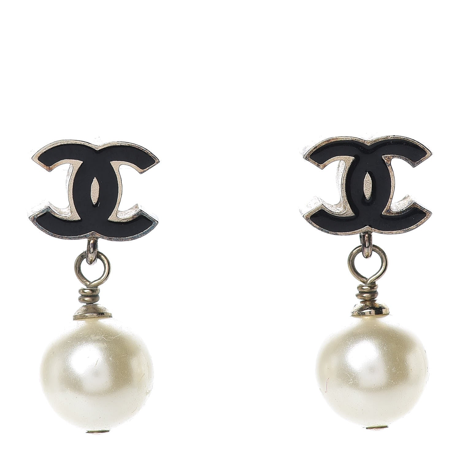 Chanel Pearl Enamel CC Drop Earrings Black Gold 1 of 8