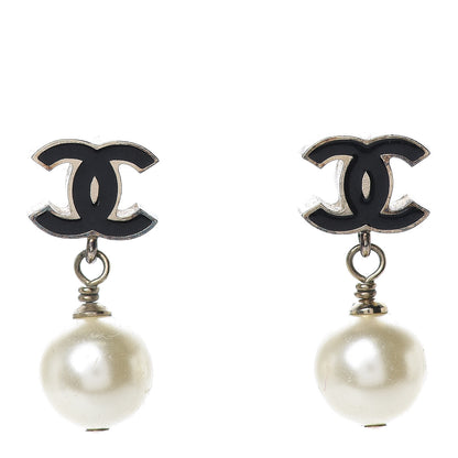Chanel Pearl Enamel CC Drop Earrings Black Gold 1 of 8