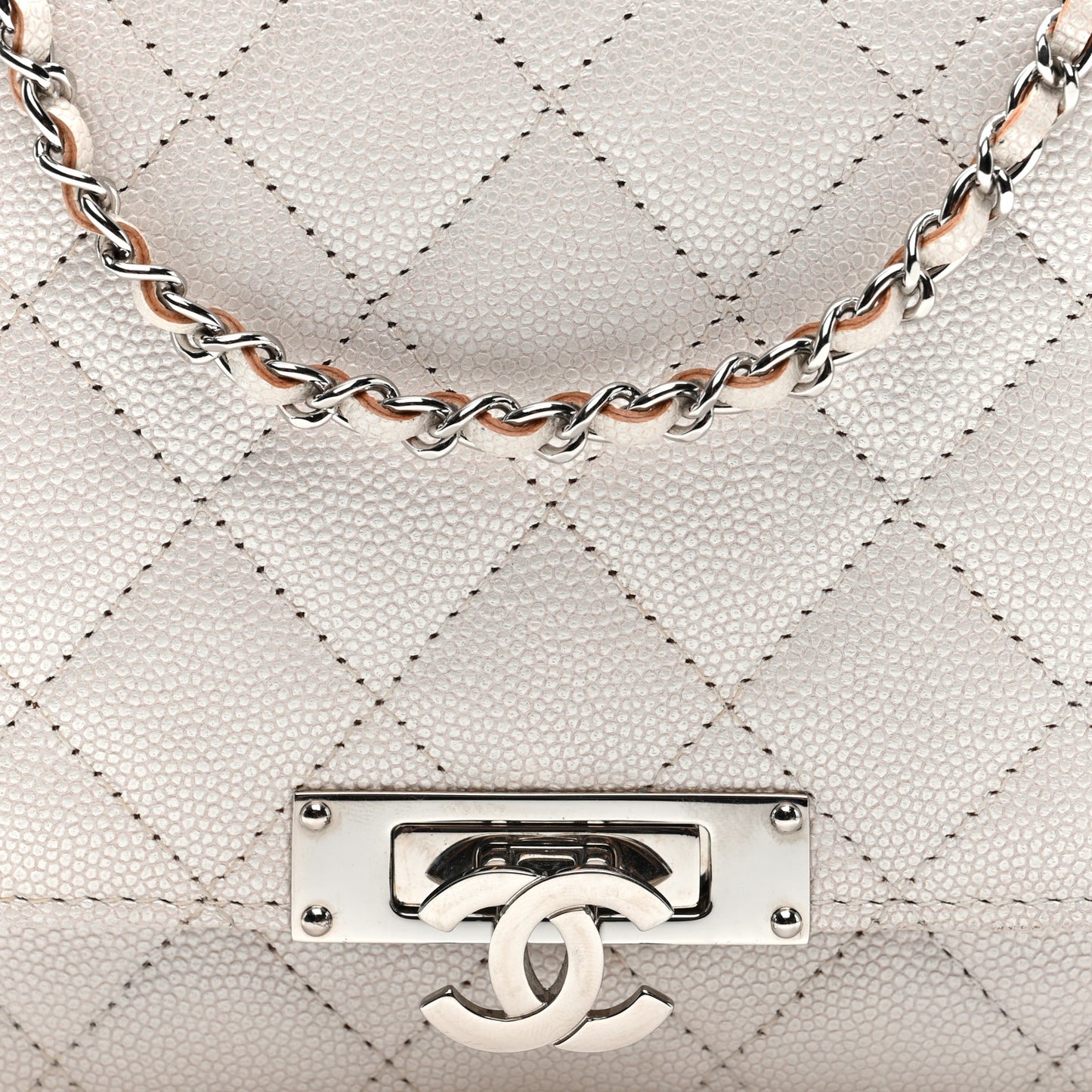 Iridescent Caviar Quilted Golden Class Wallet On Chain WOC White