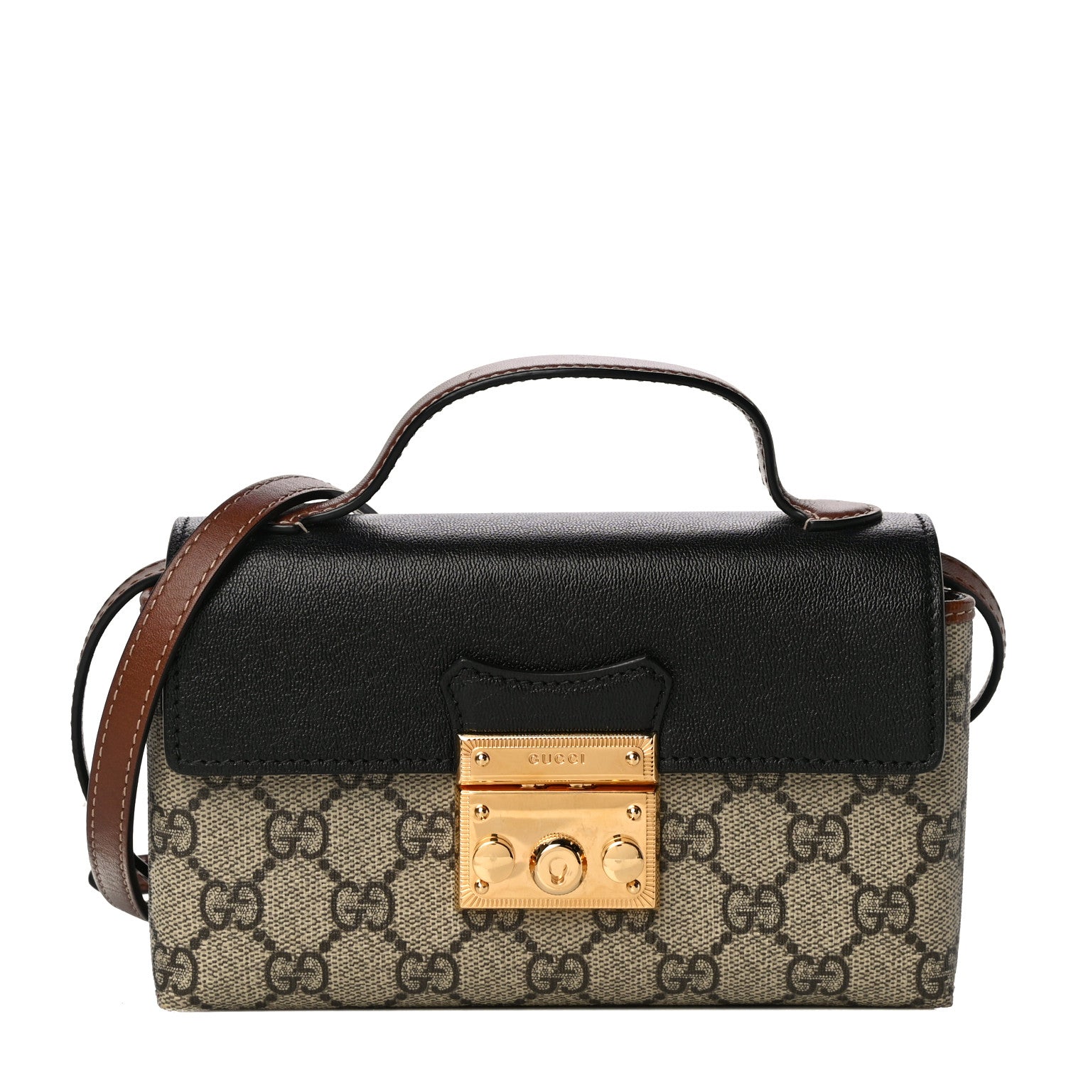 Gucci GG Supreme Monogram Calfskin Mini Padlock Top Handle Shoulder Bag Beige Black Cuir 1 of 11