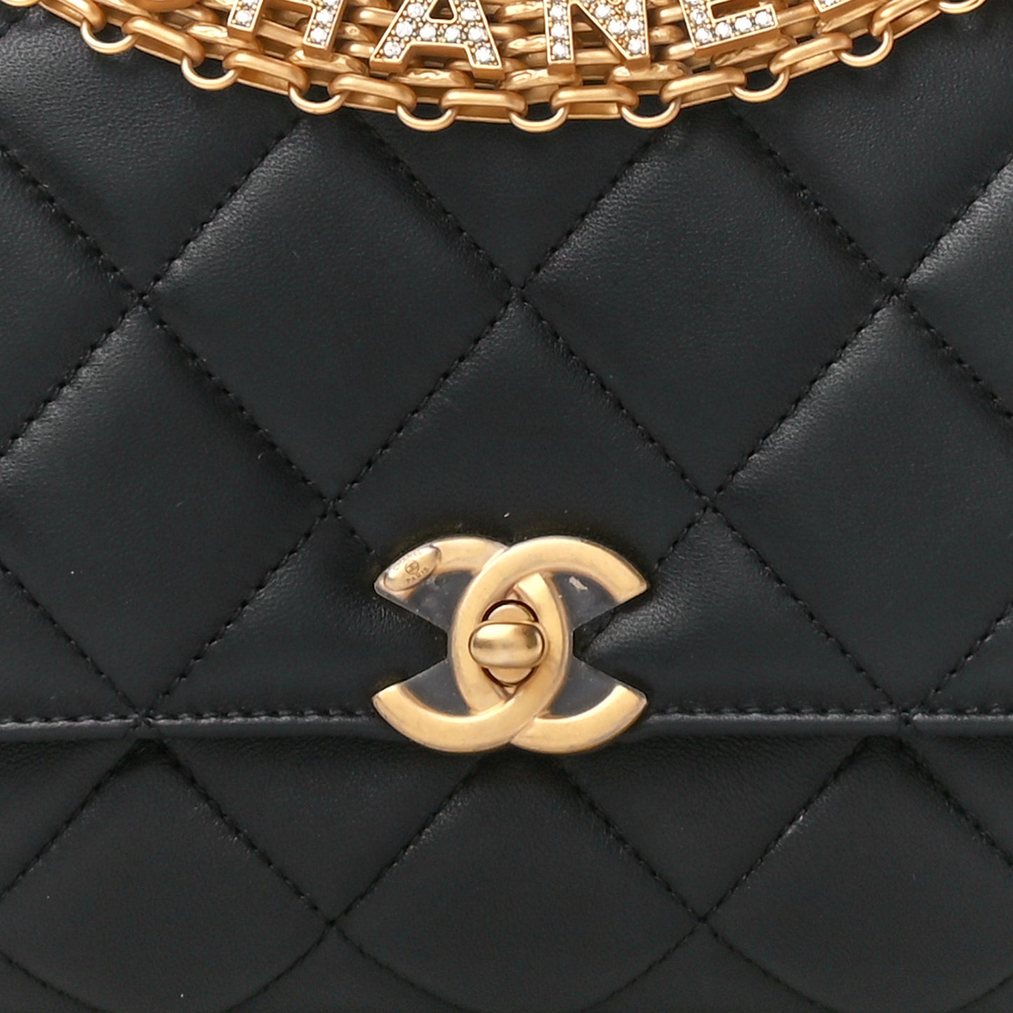 Lambskin Quilted CC Crystal Logo Chain Flap Black