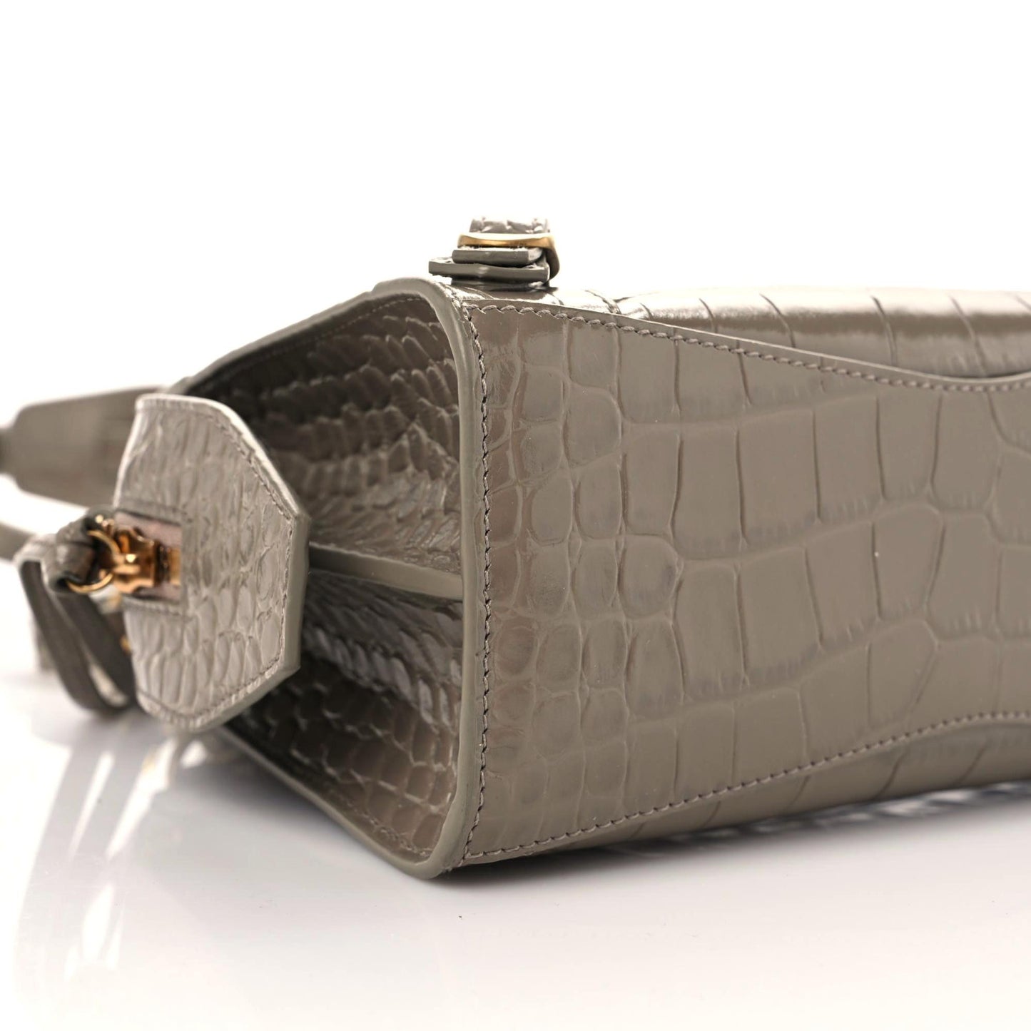 Shiny Supple Calfskin Crocodile Embossed Neo Classic Gold Hardware Mini City Mink Grey