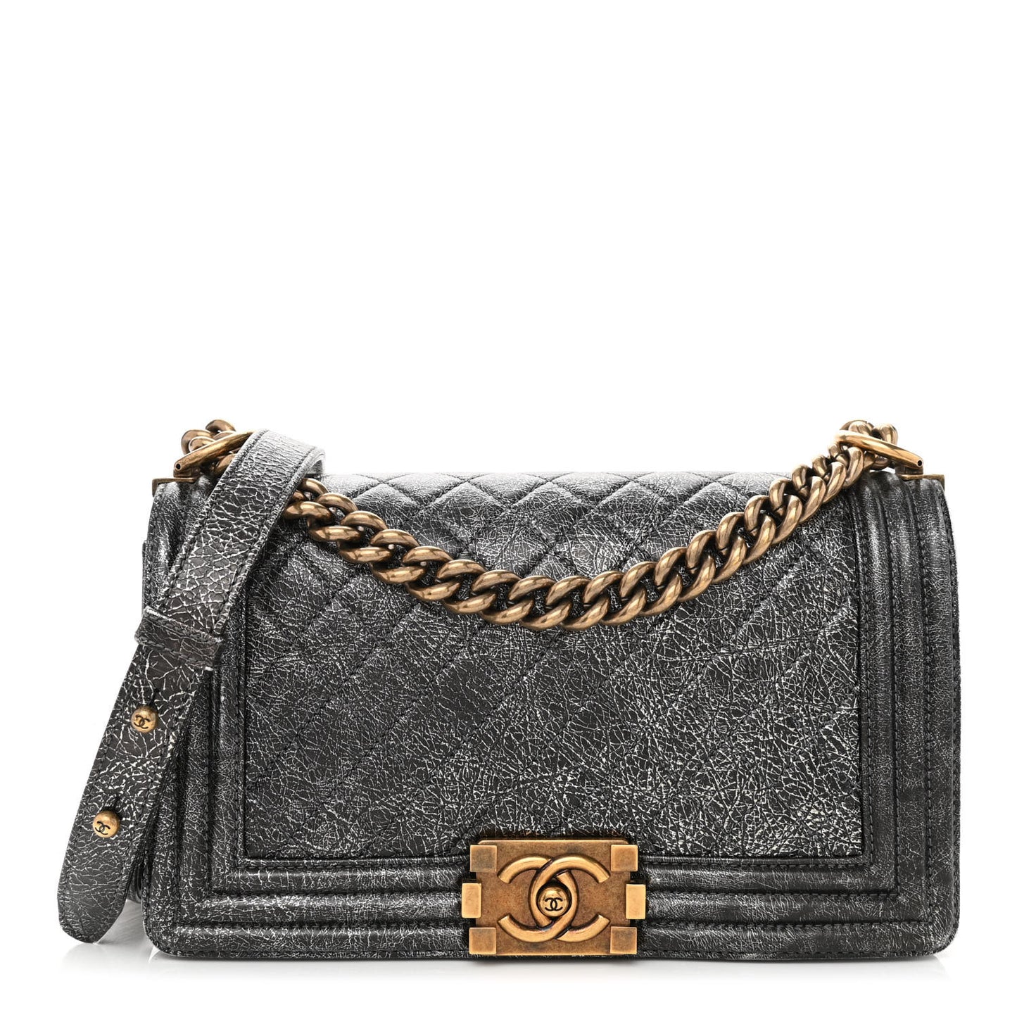 Cracked Metallic Calfskin Quilted Medium Boy Flap Dark Silver