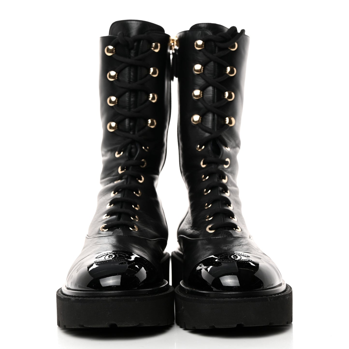 Crumpled Calfskin Patent Cap Toe Lace Up Combat Boots 41.5 Black
