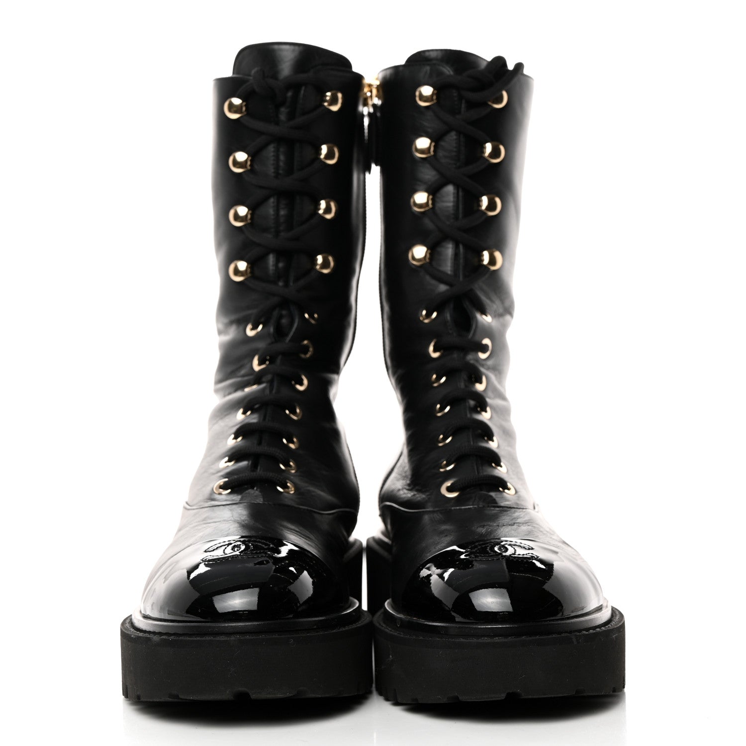 Chanel Crumpled Calfskin Patent Cap Toe Lace Up Combat Boots 41.5 Black 2 of 8