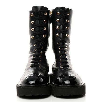 Chanel Crumpled Calfskin Patent Cap Toe Lace Up Combat Boots 41.5 Black 2 of 8