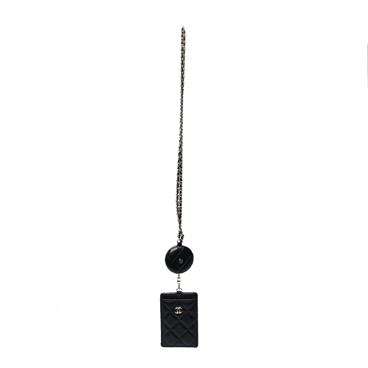 Lambskin Quilted Lanyard Card Holder On Chain Black