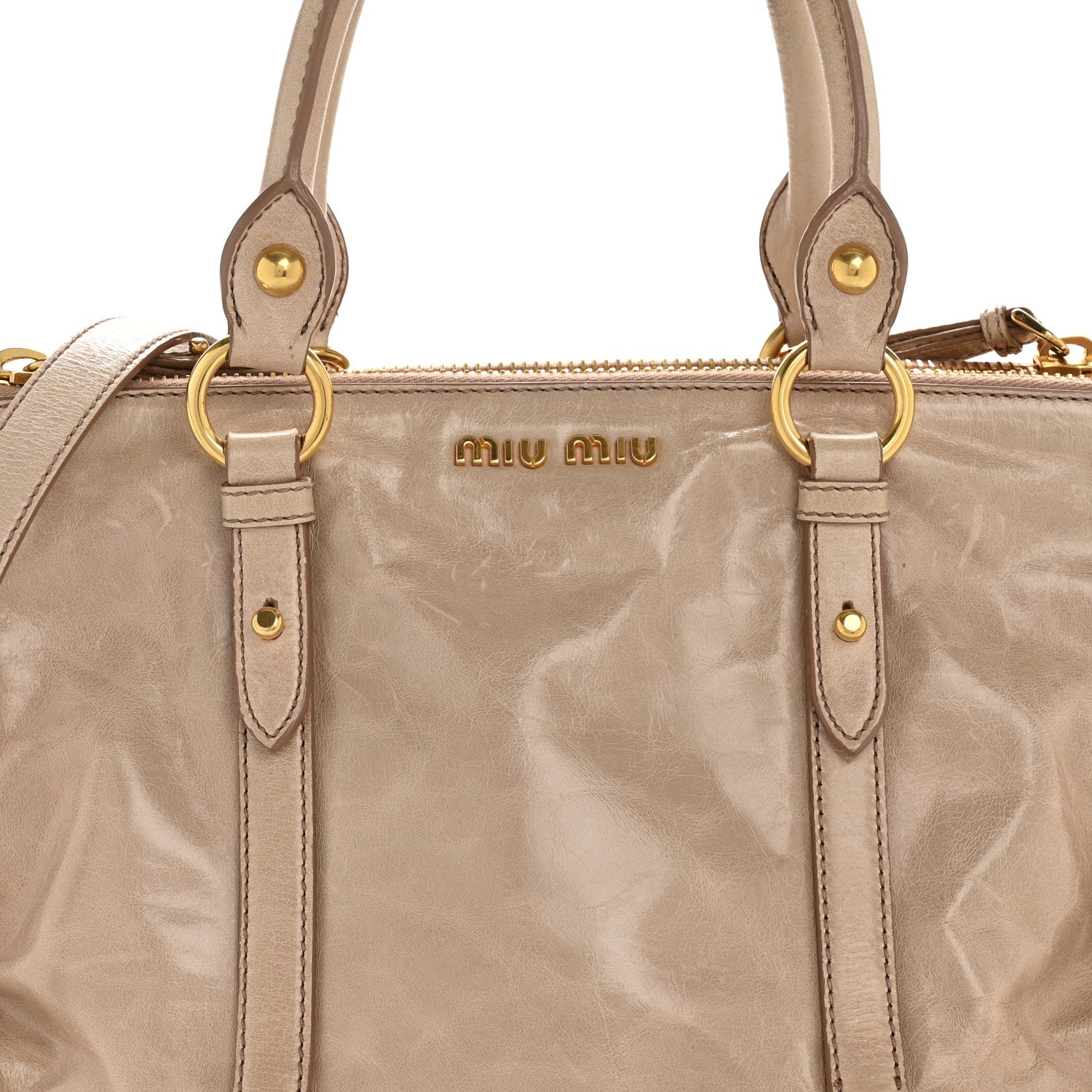 Miu Miu Vitello Shine Double Zip Tote Cammeo 1766990 – FASHIONPHILE