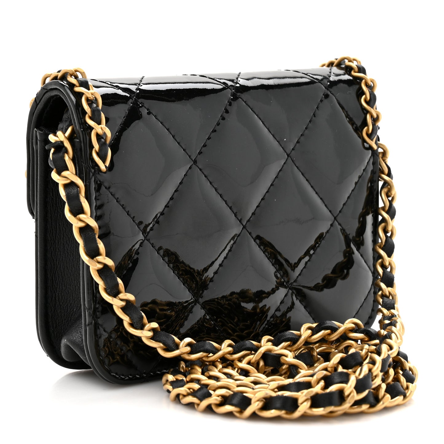Patent Quilted Chain Around Heart Mini Chain Flap Black